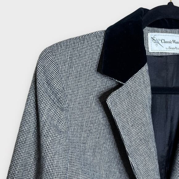 VINTAGE wool black/white check velvet lapel blazer size XL fall winter career - Picture 3 of 6